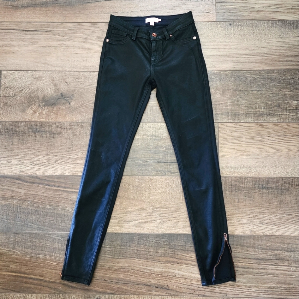 Ted Baker Sew In Love Size 25 Wax Coated Denim Black Skinny Zip Ankle Jean Pants